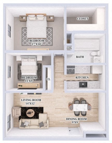 Floor plan for 2 beds, 1 bath, 825 sqft